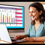 **

A bright and organized home office space. A woman smiles confidently as she reviews a colorful personal budget spreadsheet on her laptop. Scattered around are: a savings jar labeled "Trip to Europe", a book on investing ("Smart Investments for Beginners" is a good title), and receipts neatly organized in labeled folders. The overall feeling is one of control, comfort, and financial awareness.

**