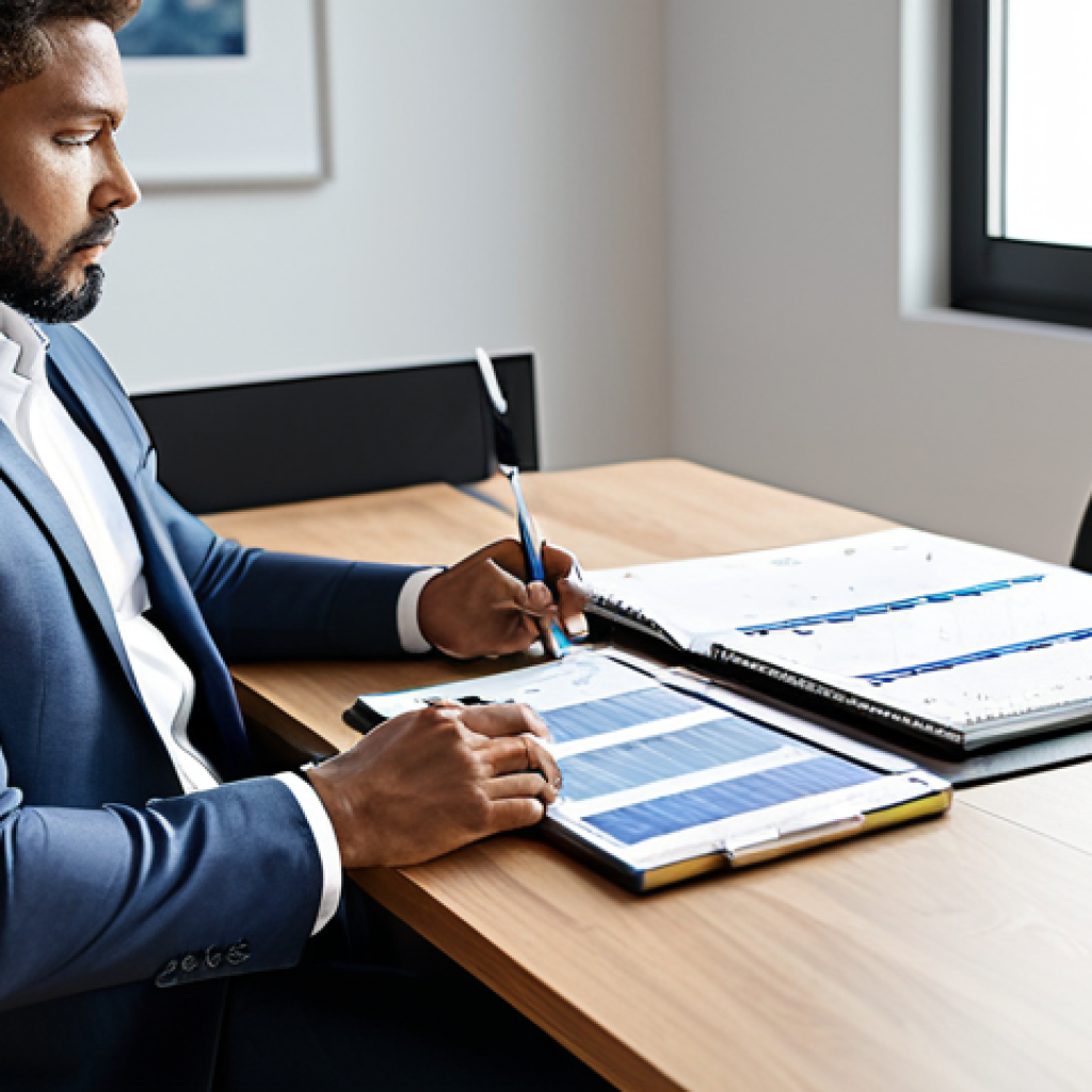 A focused financial professional, fully clothed in a modest business suit, sitting comfortably at a sleek desk in a modern, sunlit home office. The individual is reviewing digital charts and a neatly organized physical planner, symbolizing financial clarity and strategic planning. The atmosphere is calm and organized. The image conveys a sense of control and foresight. Perfect anatomy, correct proportions, natural pose, well-formed hands, proper finger count, natural body proportions. Professional photography, high quality, safe for work, appropriate content, fully clothed, professional dress.