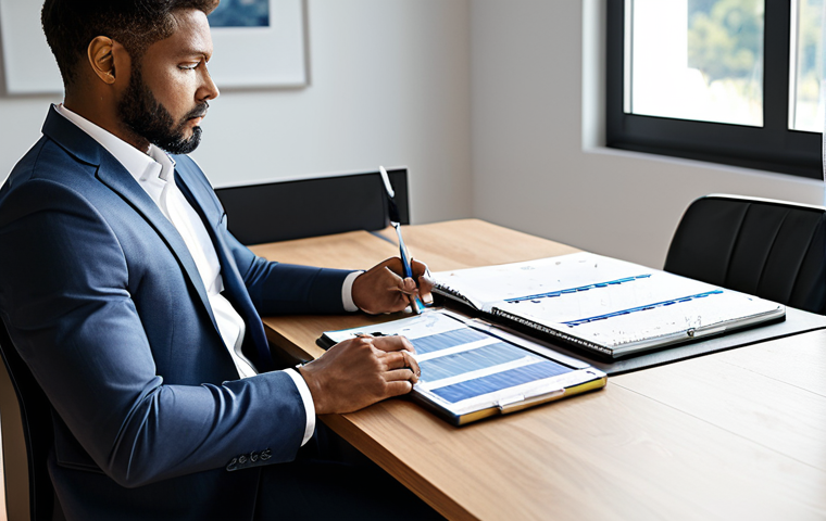 A focused financial professional, fully clothed in a modest business suit, sitting comfortably at a sleek desk in a modern, sunlit home office. The individual is reviewing digital charts and a neatly organized physical planner, symbolizing financial clarity and strategic planning. The atmosphere is calm and organized. The image conveys a sense of control and foresight. Perfect anatomy, correct proportions, natural pose, well-formed hands, proper finger count, natural body proportions. Professional photography, high quality, safe for work, appropriate content, fully clothed, professional dress.