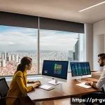 Home 22 파트너 간 재무 조율을 위한 사례 연구 분석 - A modern Brazilian office setting with two business partners, a man and a woman, both wearing profes...