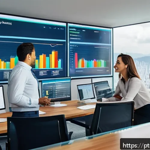 Home 32 재무 조율을 위한 커뮤니케이션 채널 설정하기 - A modern Brazilian corporate office scene showing a diverse financial team collaborating around a la...