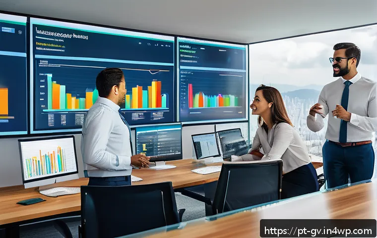 재무 조율을 위한 커뮤니케이션 채널 설정하기 - A modern Brazilian corporate office scene showing a diverse financial team collaborating around a la...