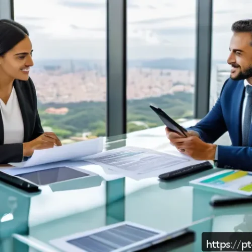 Home 17 파트너 간 비즈니스 모델에 따른 재무 조율 방법 - A modern business meeting scene in a bright, sleek Brazilian office with three diverse partners—two ...