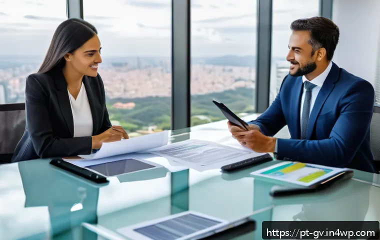 파트너 간 비즈니스 모델에 따른 재무 조율 방법 - A modern business meeting scene in a bright, sleek Brazilian office with three diverse partners—two ...